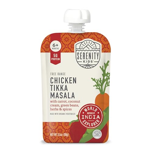 Serenity Kids 6+ Months Chicken Tikka Masala Baby Food Puree Pouches - High Protein Ethically Sourced Chicken & Organic Veggies - BPA-Free Toddler Pouches - 3.5 Oz, 12 Pack
