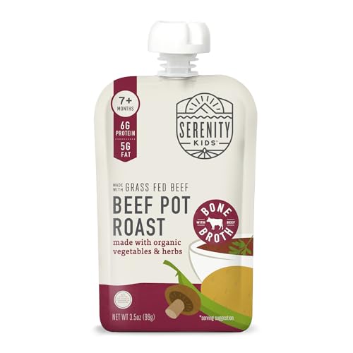 Serenity Kids 7+ Months Beef Pot Roast Bone Broth Puree Baby Food Pouches - BPA-Free Toddler Pouch w/Grass Fed Beef & Organic Veggies - Clean Label Project Purity Award Certified - 3.5 Oz, 12 Pack