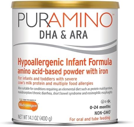 PurAmino Hypoallergenic Infant Drink, for Severe Food Allergies, Omega-3 DHA, Iron, Immune Support, Powder Can, 14.1 Oz