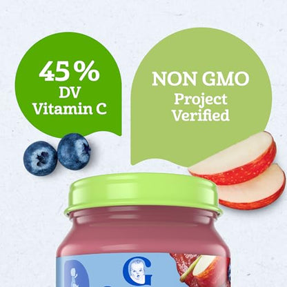 Gerber Stage 2 Baby Food, Organic Apple Wild Blueberry Jar, Fruit Puree, Vitamin C, Non-GMO, Baby Food Fruit, Puree Jars Glass, 10-pack