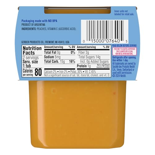 Gerber 2nd Food Baby Food Peach Puree, Natural & Non-GMO, 4 Ounce Tubs, 2-Pack (Pack of 8)