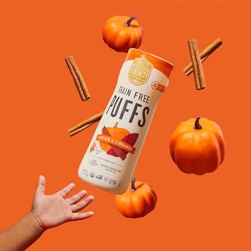 Serenity Kids 6+ Month Grain Free Puffs Toddler & Baby Snack - No Added Sugar - No Gluten or Rice - BPA & Allergen Free - With Organic Cassava, Veggies & Herbs - Pumpkin & Cinnamon - 6 Count