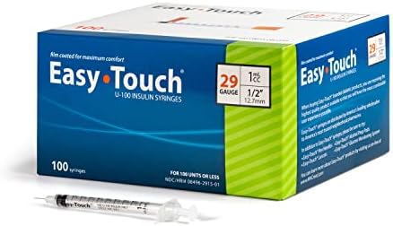 Easy Touch U-100 Insulin Syringe with Needle, 29G 1cc 1/2-Inch (12.7mm), Box of 100