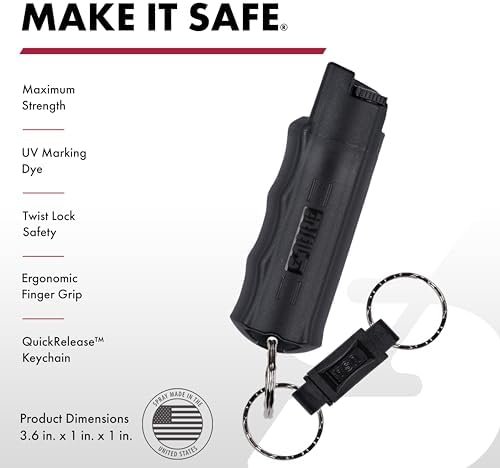 SABRE Pepper Spray with Quick Release Key Ring, 3X longer spray time, 10-Foot (3-Meter) Range, Black