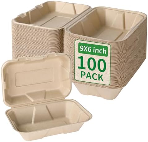 Aricsen Compostable 100 Pack 9x6 Inch Takeout Lunch Box Containers with Lid To Go Take Out Clamshell for Food, Disposable Eco-Friendly Biodegradable Bagasse, PFAS-Free, Brown