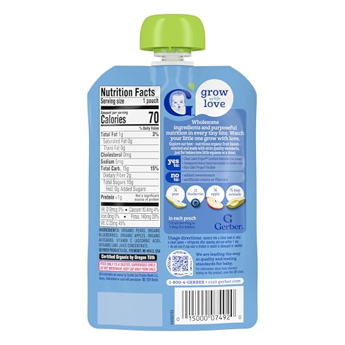 Gerber Stage 2 Baby Food, Organic Pear Blueberry Apple Avocado Puree Pouch, Organic Baby Food Pouches, No Added Sweetener, No Artificial Colors or Flavors, 12-Pack