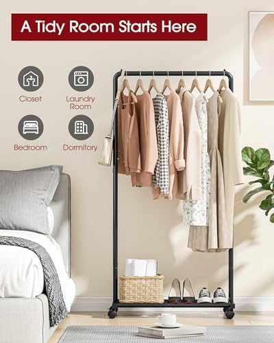 Clothes Rack - Clothing Rack with Storage Mesh Shelf & Casters, Heavy-Duty Metal Clothing Rack for Hanging Clothes, Dresses, Coats, Large Load Capacity, Easy Assembly, Black, 28.0"x14.0"x59.0"