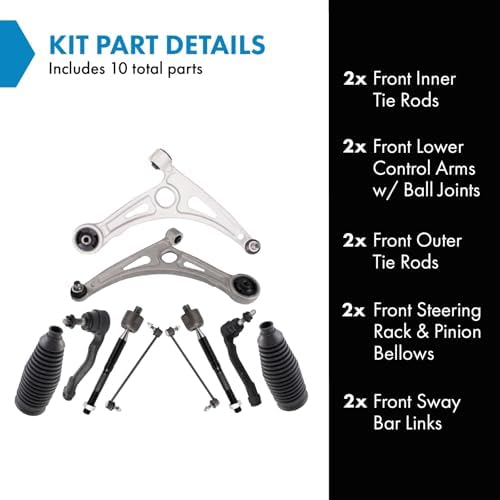 TRQ Front Steering & Suspension Kit Control Arm with Ball Joint Steering Rack & Pinion Bellow Sway Bar Stabilizer Link Tie Rod Compatible with 2018 Hyundai Sonata