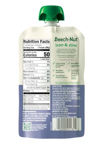 Beech-Nut Baby & Toddler Food Pouches with Iron & Zinc, Apple Blueberry & Spinach Puree, 3.5 oz (12 Pack)