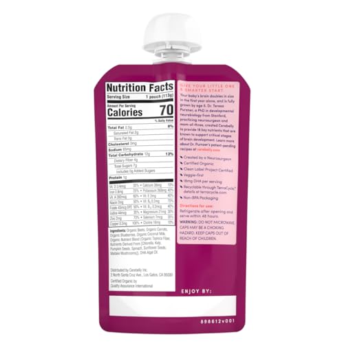 Cerebelly Baby Food Pouches – Organic Veggie Purees for Toddlers | No Added Sugar, Fiber, Non-GMO | Blended Toddler Pouches | 4 Ounce BPA-Free Pouch | Beet Carrot Blueberry | 6 Count