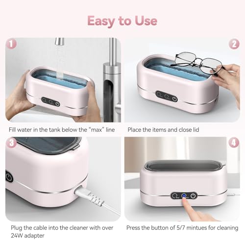 Ultrasonic Jewelry Cleaner, Upgraded 48KHz Ultrasonic Cleaner Machine with 304 Stainless Steel for Jewelry, Eyeglasses, Rings, Dentures, Watch Strap（Light Pink）