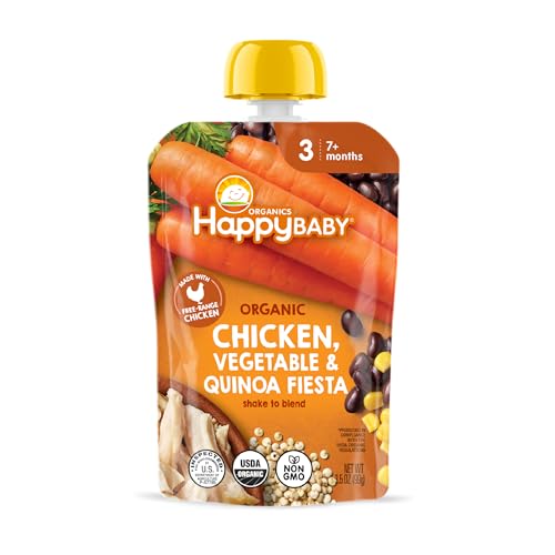 Happy Baby Organics Savory Blends Stage 3 Baby Food Puree, Free Range Chicken, Garden Vegetables & Quinoa Fiesta, 3.5 Ounce (Pack of 16)