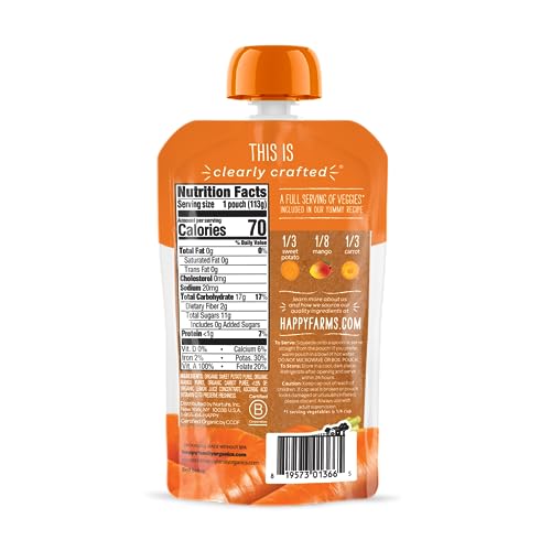 Happy Baby Organics Clearly Crafted Stage 2 Baby Food, Sweet Potatoes, Mangoes & Carrots, 4 Ounce Pouch (Pack of 16)