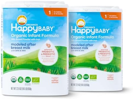 Happy Baby Organics Stage 1 Infant Formula, 0-12 Months, Milk Based Organic Baby Formula Powder with Iron, Probiotics & Prebiotics for Immune & Digestive Support, 22.9 Ounce (Pack of 2)