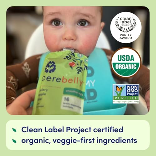 Cerebelly Organic Baby Food Pouches – Dairy Free Smoothies for Toddlers | No Added Sugar, Fiber, Non-GMO | Toddler Smoothie Pouches | 4oz BPA-Free Baby Food | Celery Apple Kiwi | 12 Count