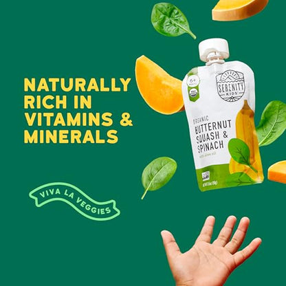 Serenity Kids 6+ Months Veggie Puree Baby Food Pouches - Butternut Squash & Spinach - USDA Organic No Added Sugar Allergen Free BPA-Free - Healthy Toddler Food - 3.5 Oz, 12 Pack