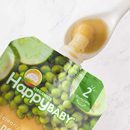 Happy Baby Organics Stage 2 Baby Food Pouches, Gluten Free, Vegan & Healthy Snack, Clearly Crafted Fruit & Veggie Puree, Pears, Zucchini & Peas, 4 Ounces (Pack of 16)