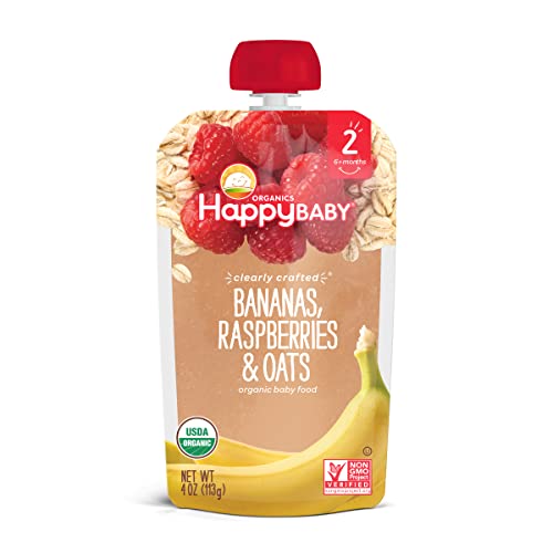 Happy Baby Organics Stage 2 Baby Food Pouches, Gluten Free, Vegan & Healthy Snack, Clearly Crafted Fruit & Veggie Puree, Bananas, Raspberries & Oats, 4 Ounces (Pack of 16)