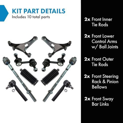 TRQ Front Steering & Suspension Kit Control Arm with Ball Joint Steering Rack & Pinion Bellow Sway Bar Stabilizer Link Tie Rod Compatible with 2005-2009 Subaru Legacy Outback