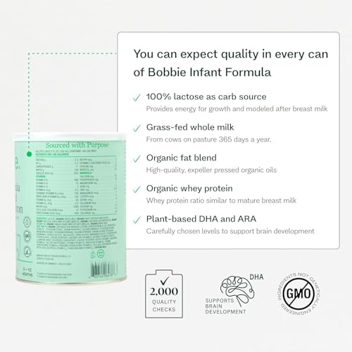 Bobbie Whole Milk, Grass Fed Infant Formula with Iron, Plant Based DHA and ARA, Vitamin D and Protein Blend Modeled After Breast Milk, For Newborn Baby to 12 Month Old, 14.1 oz, 5 Pack