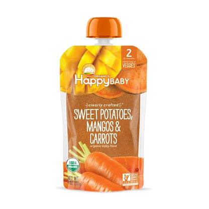 Happy Baby Organics Clearly Crafted Stage 2 Baby Food, Sweet Potatoes, Mangoes & Carrots, 4 Ounce Pouch (Pack of 16)