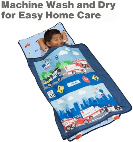 EVERYDAY KIDS Toddler Nap Mat with Removable Pillow -Fire Police Rescue- Carry Handle Fastening Straps Closure, Rollup Design, Soft Microfiber for Preschool, Daycare, Sleeping Bag -Ages 2-6 years
