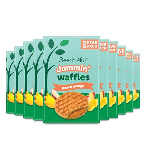 Beech-Nut Toddler Snacks Jammin' Waffles with Fruit Filling for Babies & Toddlers, Peach Mango, 10 Boxes (50 Individually Wrapped Packs)