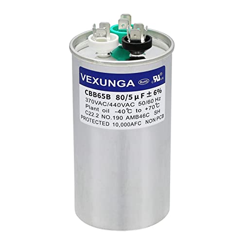 80/5 uF 80+5 MFD 370VAC or 440VAC Dual Run Start Round A/C Capacitor CBB65 CBB65B Air Conditioner Capacitors for AC Unit Fan Motor Start or Heat Pump or Condenser Straight Cool