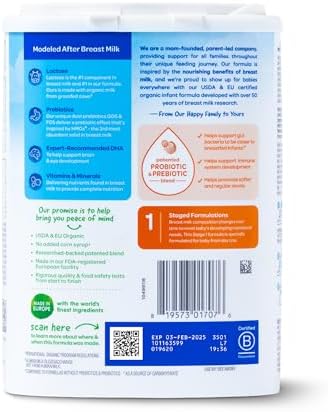 Happy Baby Organics Stage 1 Infant Formula, 0-12 Months, Milk Based Organic Baby Formula Powder with Iron, Probiotics & Prebiotics for Immune & Digestive Support, 22.9 Ounce (Pack of 1)