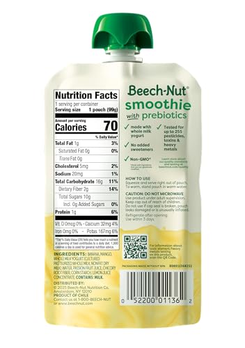 Beech-Nut Toddler Smoothies with Prebiotics, Banana Mango Passion Fruit & Yogurt Baby & Toddler Food Pouches, 3.5 oz (12 Pack)