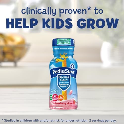 PediaSure Grow & Gain with Immune Support, 27 Vitamins & Minerals for Kids, 7g Protein, Non-GMO, Gluten-Free, Strawberry, 8-fl-oz Bottle, Pack of 24