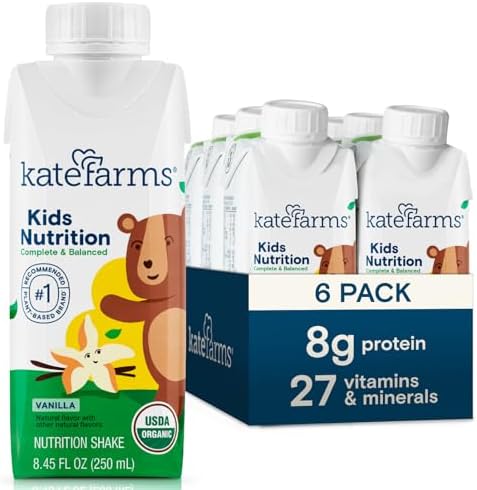 KATE FARMS Organic Kids Nutrition Vanilla Shake, 8g Protein, 27 Vitamins and Minerals, Meal Replacement, Gluten Free, Non-GMO, 8.45 oz (6 Pack)
