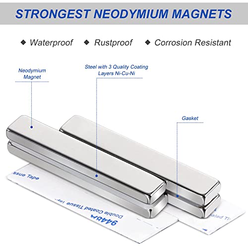 MIKEDE Magnets, 12 Pack Neodymium Bar Magnets with Double-Sided Adhesive, Strong Magnet Heavy Duty Magnetic Strips, Powerful Rare Earth Metal Magnet for Locker, Fridge, Office - 60x10x5 mm