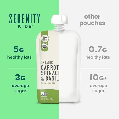 Serenity Kids 6+ Months Veggie Puree Baby Food Pouches - Carrot, Spinach & Basil - USDA Organic Baby Food & Allergen Free - No Added Sugar & BPA Free - 3.5 Oz, 12 Pack