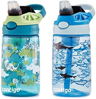 Contigo Aubrey Kids Dinos & Sharks Cleanable Water Bottle with Silicone Straw Spill-Proof Lid Dishwasher Safe 14oz 2-Pack