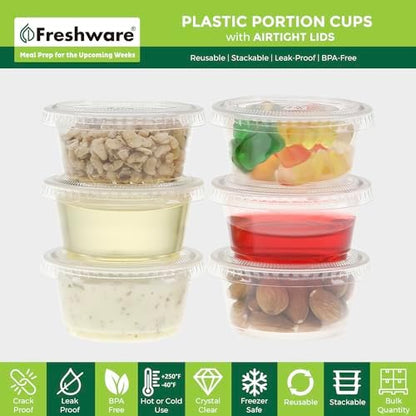 Freshware Plastic Portion Cups with Lids [2 Ounce, 400 Set] Disposable Plastic Cups for Meal Prep, Salad Dressing, Jellos Shot Cups, Souffle Cups, Condiment and Dipping Sauce Cups