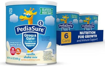 PediaSure Grow & Gain with Immune Support Shake Mix Powder, 23 Vitamins & Minerals, 6g Protein, Non-GMO, Gluten-Free, Kids Nutrition, Vanilla, 14.1 oz Can, Pack of 6-48 servings
