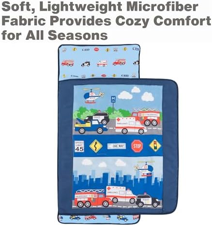 EVERYDAY KIDS Toddler Nap Mat with Removable Pillow -Fire Police Rescue- Carry Handle Fastening Straps Closure, Rollup Design, Soft Microfiber for Preschool, Daycare, Sleeping Bag -Ages 2-6 years