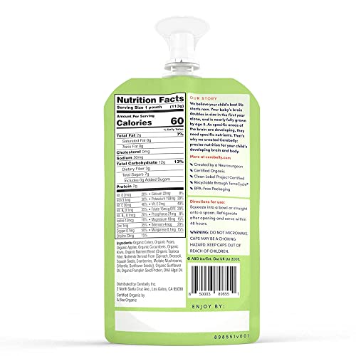 Cerebelly Organic Baby Food Pouches – Dairy Free Smoothies for Toddlers | No Added Sugar, Fiber, Non-GMO | Toddler Smoothie Pouches | 4oz BPA-Free Baby Food | Celery Apple Kiwi | 6 Count