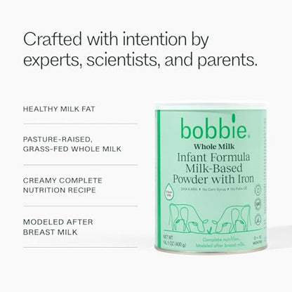 Bobbie Whole Milk, Grass Fed Infant Formula with Iron, Plant Based DHA and ARA, Vitamin D and Protein Blend Modeled After Breast Milk, For Newborn Baby to 12 Month Old, 14.1 oz, 5 Pack