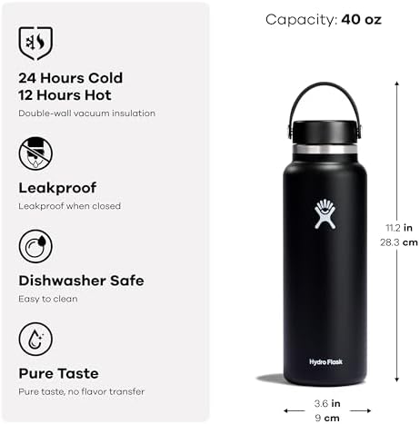 Hydro Flask Water Bottle - Insulated Stainless Steel - Wide Mouth Flex Lid, Non Spill, Leakproof and Refillable in 40 Oz