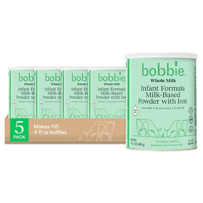 Bobbie Whole Milk, Grass Fed Infant Formula with Iron, Plant Based DHA and ARA, Vitamin D and Protein Blend Modeled After Breast Milk, For Newborn Baby to 12 Month Old, 14.1 oz, 5 Pack