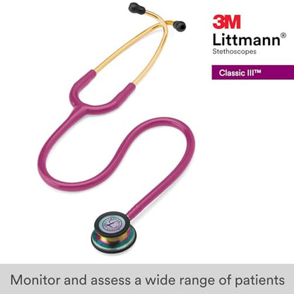 3M Littmann Classic III Monitoring Stethoscope, 5806, More Than 2X as Loud, Weighs Less, Stainless Steel Rainbow-Finish Chestpiece, 27" Raspberry Tube, Brass Stem and Headset