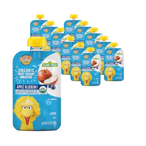 Earth's Best Organic Yogurt Smoothie Pouches, 24+ Months, Fruit Yogurt Smoothie for Toddlers 24 Months and Up, Apple Blueberry, 4.2 Ounce Resealable Pouch (Pack of 12)