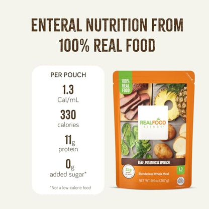 Real Food Blends Beef, Potatoes & Spinach - Pureed Food Meals for Tube Feeding with Protein, Vegetables & Fruits - 330 Calories for Lunch & Dinner - 9.4 oz (Pack of 12)