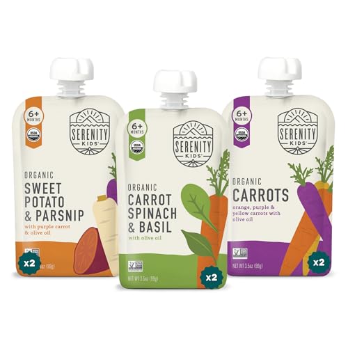 Serenity Kids 6+ Months Certified Organic Baby Food Pouches Veggie Puree - No Sugary Fruits/Added Sugar - 3.5 Oz BPA & Allergen-Free Packaging - Garden Variety Pack - 6 Count Veggie Puree Pouches