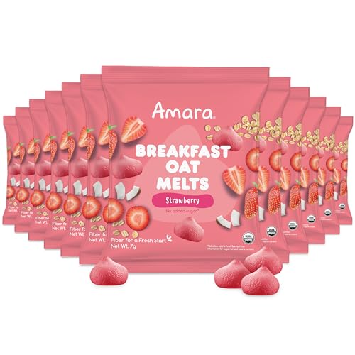 Amara Breakfast Oat Melts - Organic Toddler Snack - Single Serve Fiber-Packed Oat Bites with Real Fruit, No Added Sugar, Quick Dissolving, Strawberry - 12 Pack