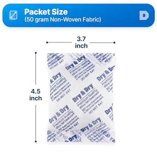 Dry & Dry 50 Gram [20 Packets] Silica Gel Packets Desiccants, Silica Packets - Rechargeable Silica Gel Packs, Desiccants Packets, Silica Gel