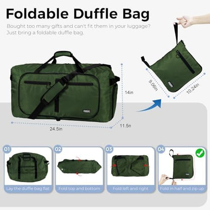 Fmeida 65L Duffle Bag with Shoes Compartment, Foldable Travel Duffel Bags for Men Women, Large Packable Travel Bag Water Repellent & Tear Resistant (Green)