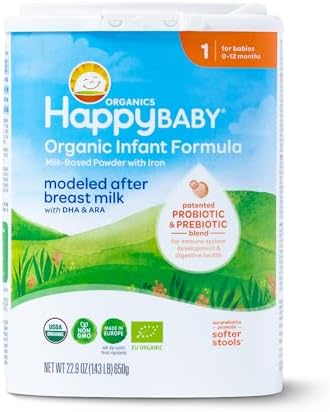 Happy Baby Organics Stage 1 Infant Formula, 0-12 Months, Milk Based Organic Baby Formula Powder with Iron, Probiotics & Prebiotics for Immune & Digestive Support, 22.9 Ounce (Pack of 1)